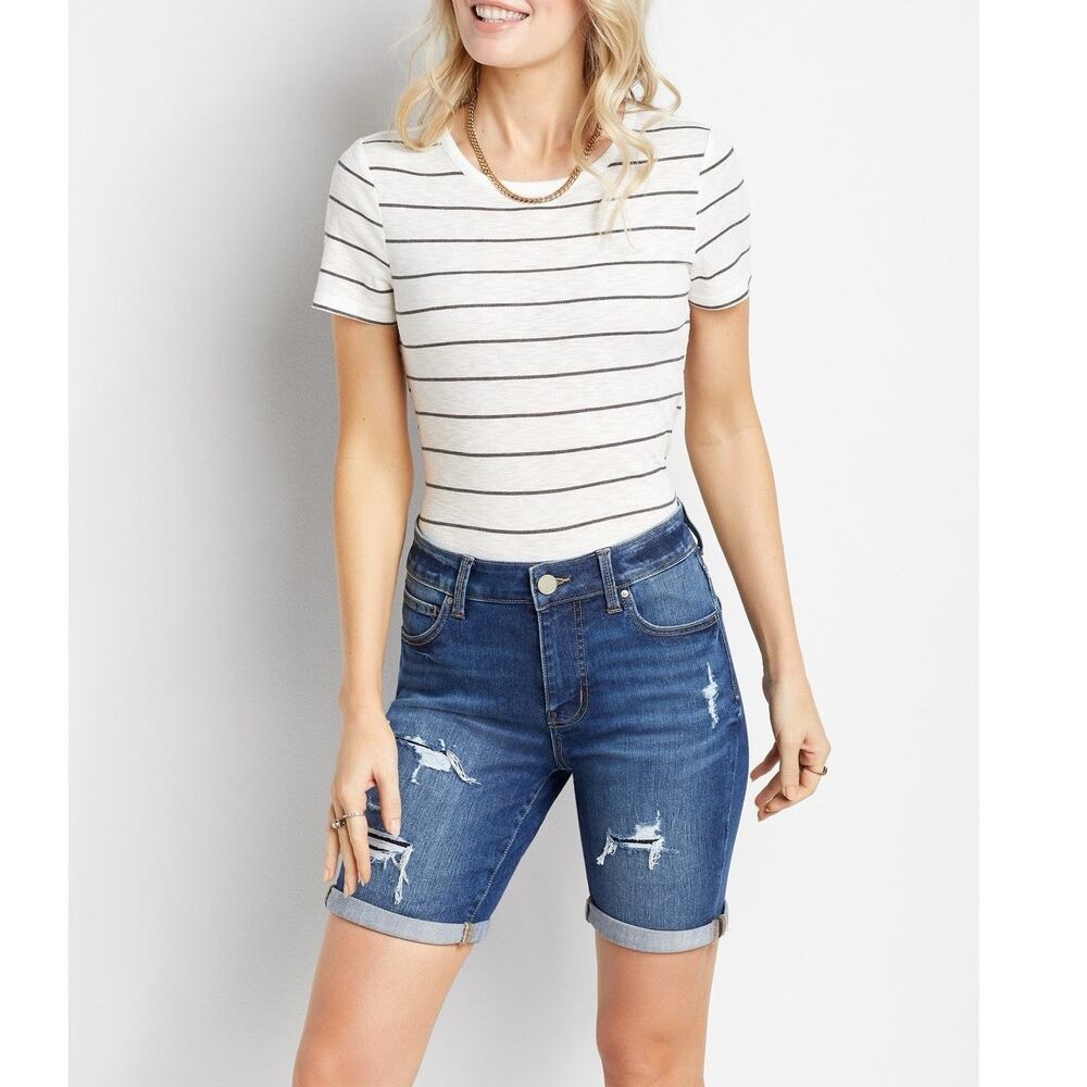 Maurices Plus 18W Everflex High Rise Bermuda Shorts Distressed Stretch Denim